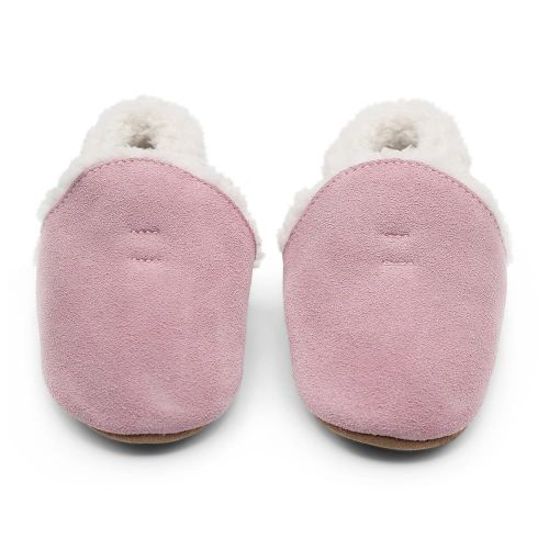 Soft pink suede Dotty Fish children’s soft sole slippers with warm fleece lining.