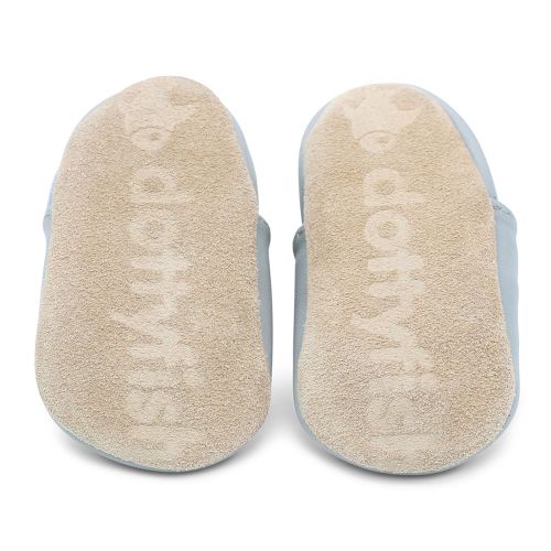 Soft suede non-slip sole of Dotty Fish infant shoes imprinted with Dotty Fish name and logo.