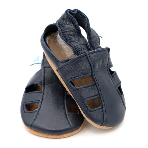 Dotty Fish navy leather soft sole infant barefoot sandals.