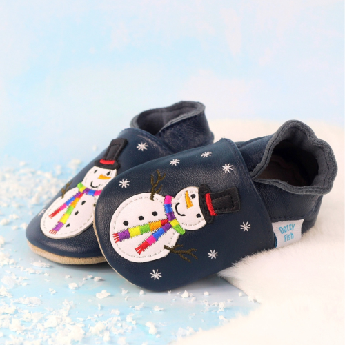 Navy blue leather shoes, with festive snowman design.