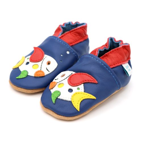 Blue Dotty Fish soft sole pre-walker shoes with multicoloured fish design.