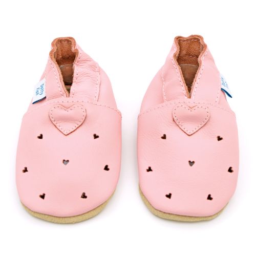 Pink leather baby girls shoes with cut out heart design by Dotty Fish 