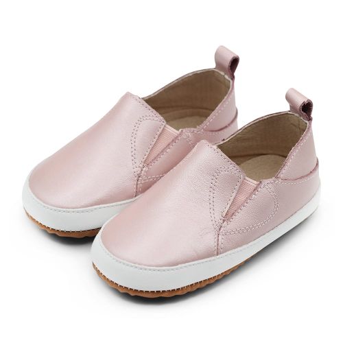 Dotty Fish pink leather pre-walker rubber sole slip-on shoes.