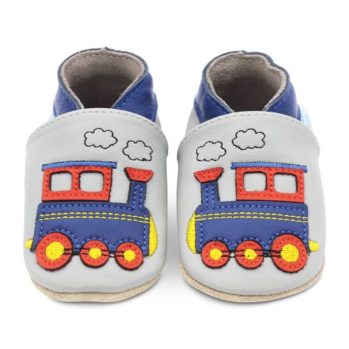 Pale grey leather Dotty Fish soft sole baby and toddler boy’s shoes with blue ankle trim and blue and red train design.
