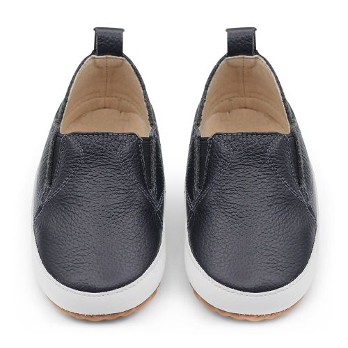 Navy blue leather Dotty Fish baby and toddler rubber sole slip-on shoes.