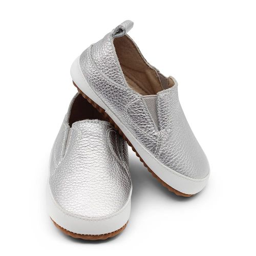 Silver leather Dotty Fish first walker rubber sole slip-on shoes for girls and boys.