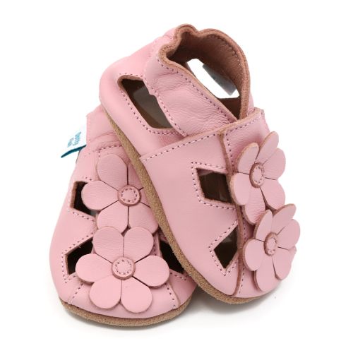 Dotty Fish pink leather infant soft sole barefoot sandals with pink flowers, for girls.