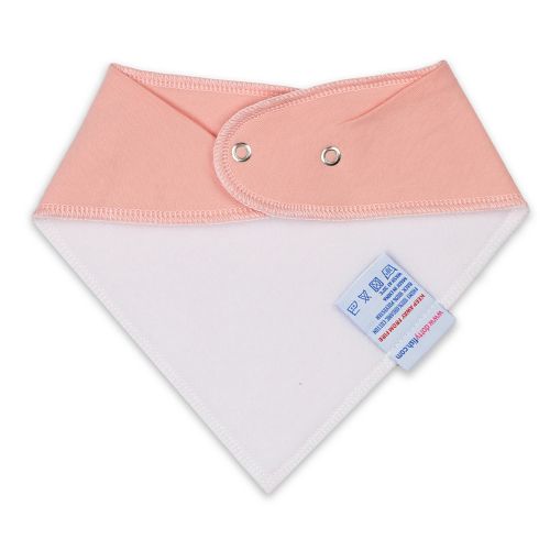 White fleece backing of peachy pink cotton Dotty Fish bandana bib, for infant girls and boys.