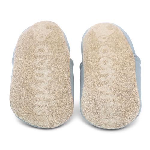 Soft suede non-slip sole of Dotty Fish infant shoes imprinted with Dotty Fish name and logo.