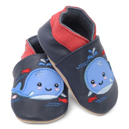 Dotty Fish navy blue leather soft sole unisex infant shoes with red ankle trim and blue whale design.