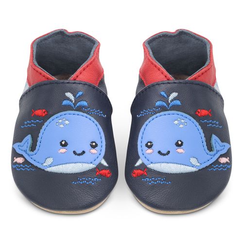 Navy leather Dotty Fish soft sole baby and toddler first walker shoes for boys and girls, with red ankle trim and blue whale design.