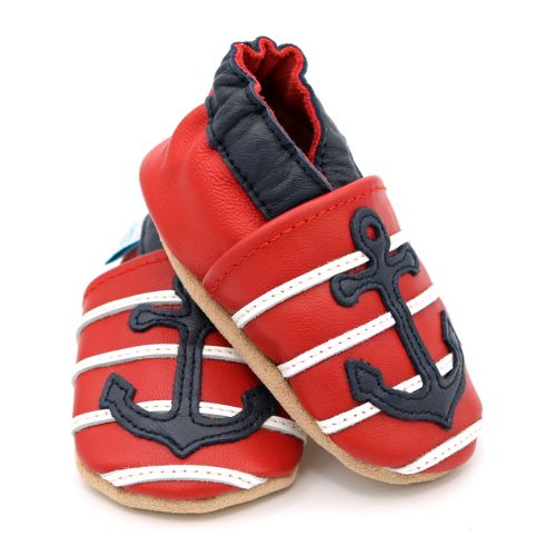Red Dotty Fish soft sole infant first walker shoes with white stripes, navy ankle trim and navy anchor design.