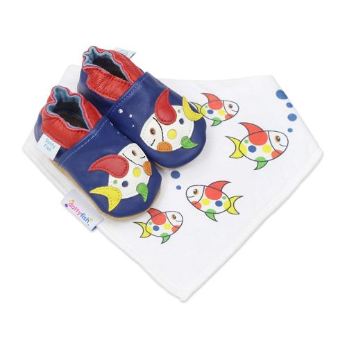 Blue Dotty Fish infant soft sole shoes with multicoloured fish design and matching white bib with fish design.