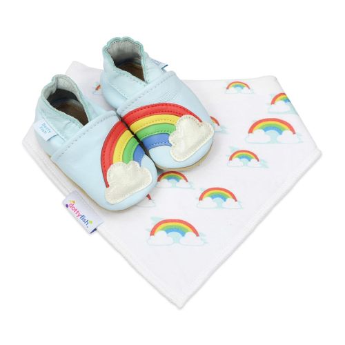 Dotty Fish light blue rainbow shoes and matching rainbow and cloud bandana bib.