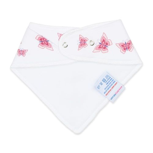 White fleece backing of cotton Dotty Fish butterfly bandana bib, for infant girls and boys.