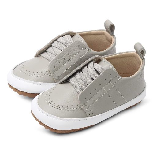 Dotty Fish light grey leather pre-walker rubber sole slip-on shoes.