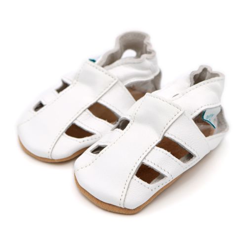 White leather Dotty Fish unisex pre-walker soft sole sandals.