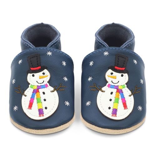 Navy leather Dotty Fish soft sole baby and toddler first walker shoes for boys and girls, with white snowman wearing black hat and embroidered rainbow scarf design.