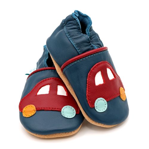  Navy blue Dotty Fish soft sole infant first walker shoes with red car design.