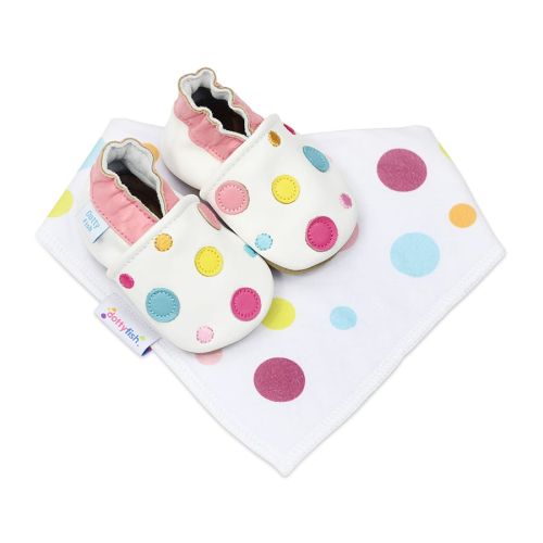 White Dotty Fish soft sole shoes with pink ankle trim and multicoloured spots, with a matching white bib with multicoloured spots.