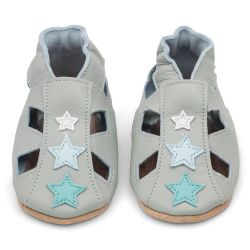 Grey leather Dotty Fish baby and toddler first walker soft sole sandals with blue stars.