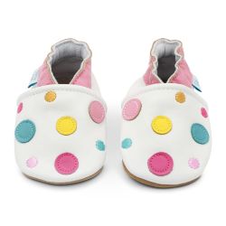 White leather Dotty Fish soft sole baby and toddler first walker shoes for girls with pink ankle trim and multicoloured spots.