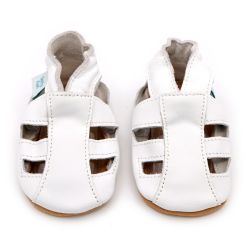 White leather Dotty Fish baby and toddler first walker soft sole sandals for girls and boys.