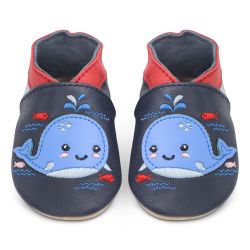 Navy leather Dotty Fish soft sole baby and toddler first walker shoes for boys and girls, with red ankle trim and blue whale design.