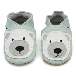 Light blue leather Dotty Fish soft sole baby and toddler first walker shoes for boys and girls, with white polar bear design.